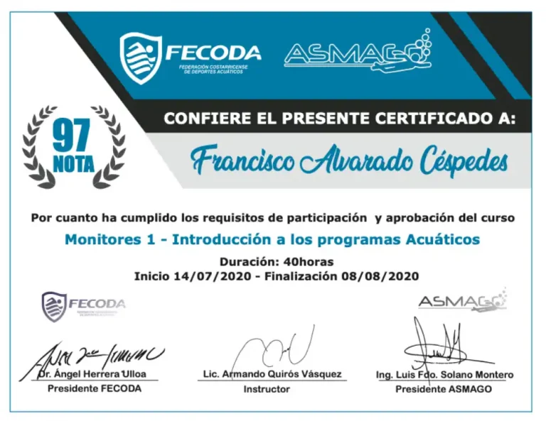 Certificados Monitores 1 FECODA-ASMAGO Francisco Alvarado Céspedes